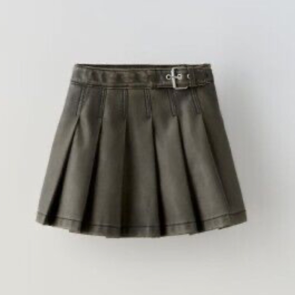 XARA Girls Washed Black Faux Leather Pleated Skirt with Buckle